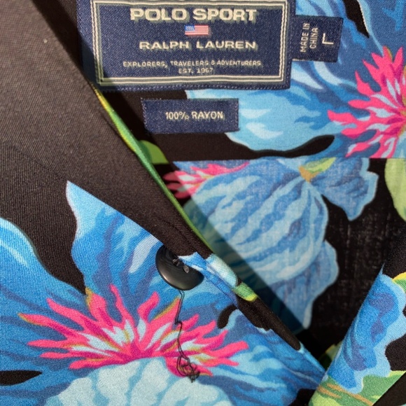 Men's Large POLO SPORT Black Blue Hibiscus Hawaiian Shirt - Picture 7 of 8